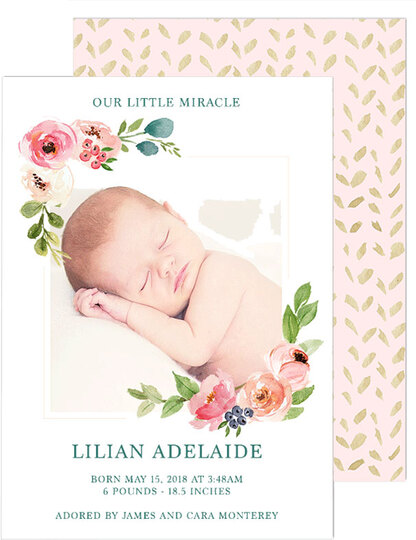 Pink Corner Flower Photo Birth Announcements